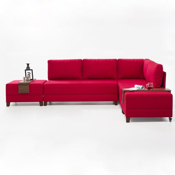 Sarkans dīvāns-guļamā gulta labajā stūrī 2 uzglabāšanas paneļi Balcab Home Diana