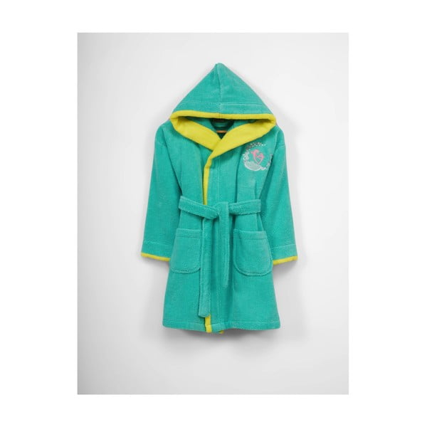 Zaļš/dzeltens bērnu kokvilnas halāts ar kapuci, 3–6 gadi