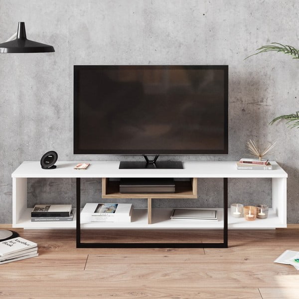 Balts TV galdiņš ar ozolkoka imitāciju 149x40 cm Asal – Kalune Design-image-3