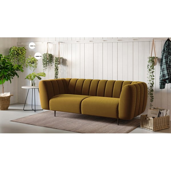 Medus dzeltens samta trīsvietīgs dīvāns Ghado Shel, 210 cm-image-1