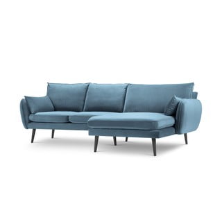 Gaiši zils samta stūra dīvāns ar melnām ozolkoka kājām Kooko Home Lento, labais stūris