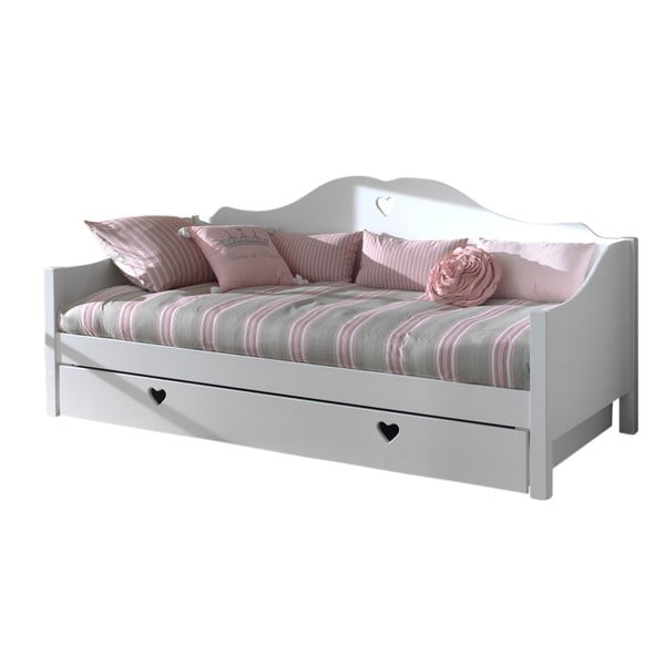 Balta priedes masīvkoka izvelkama bērnu gulta ar veļas kasti 90x200 cm AMORI – Vipack