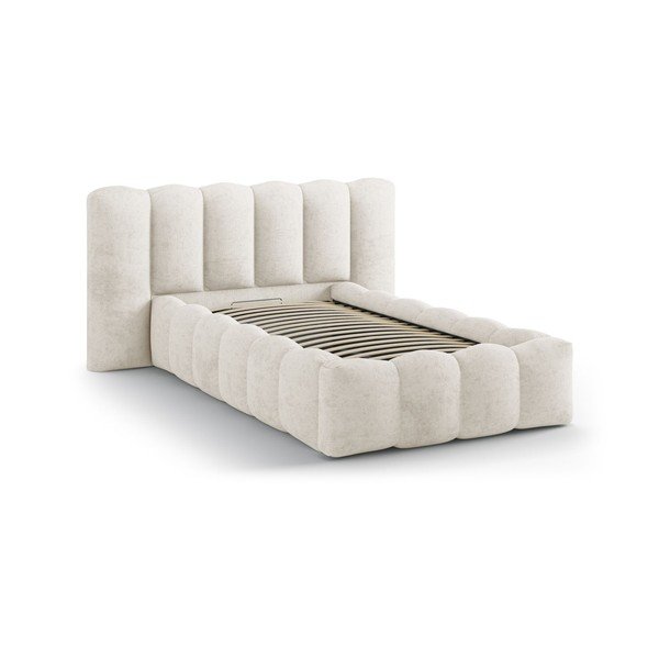 Bēša polsterēta vienvietīga gulta ar veļas kasti un redelēm 90x200 cm Lupine – Micadoni -image-2