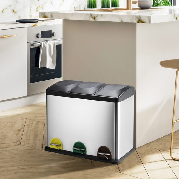 Matētas sudraba krāsas atkritumu šķirošanas tērauda atkritumu tvertne ar pedāli 3x20 l   Tri Selectif – MSV-image-1