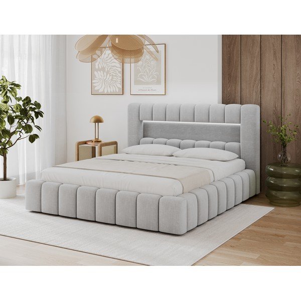 Gaiši pelēka polsterēta divvietīga gulta ar veļas kasti un ar redelēm 140x200 cm Lamica – ELTAP-image-2