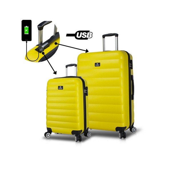 2 dzeltenu ceļojuma koferu komplekts uz riteņiem ar USB pieslēgvietām My Valice RESSNO Cabin & Large-image-3