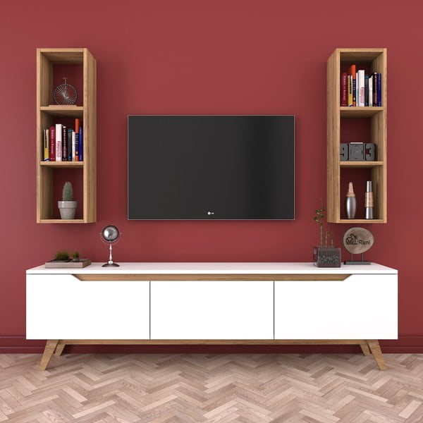 Baltas TV kumodes un 2 sienas plauktu komplekts ar koka dekoru