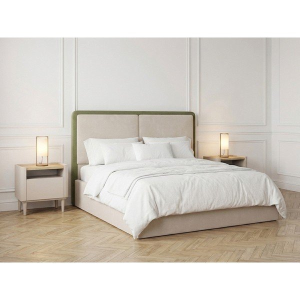 Zaļa/bēša polsterēta divvietīga gulta ar veļas kasti ar redelēm 180x200 cm Mara – Bobochic Paris-image-1