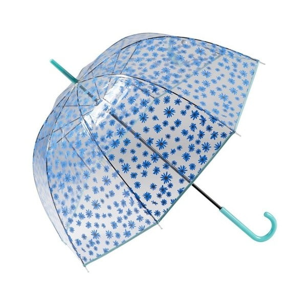 Caurspīdīgs lietussargs ar zilām detaļām Putnu būris Ziedi, ⌀ 85 cm