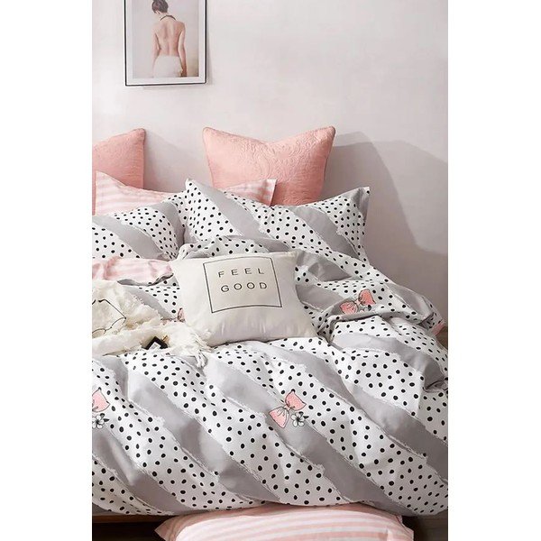 Balta/rozā divguļamā kokvilnas gultas veļa ar palagu 200x220 cm Bow and Polka-Dot – Mila Home-image-2