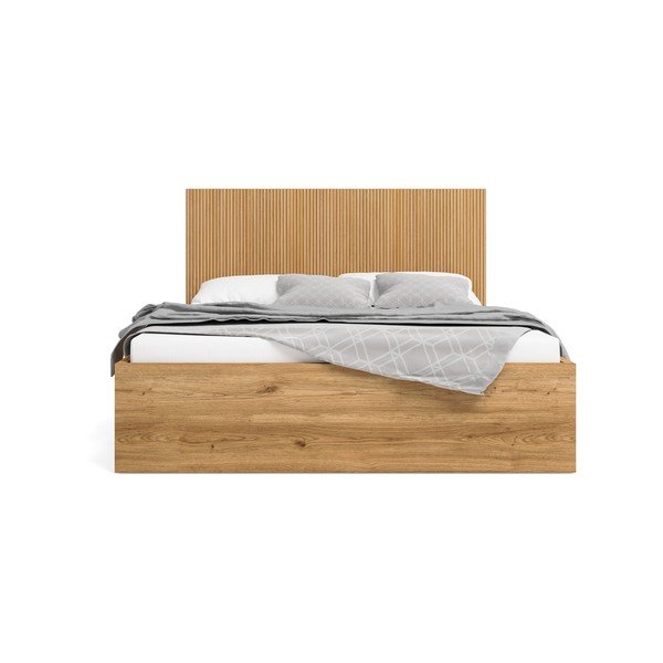 Dabīga toņa divvietīga gulta ar ozolkoka imitāciju un veļas kasti 140x190 cm Rayana – Marckeric-image-2