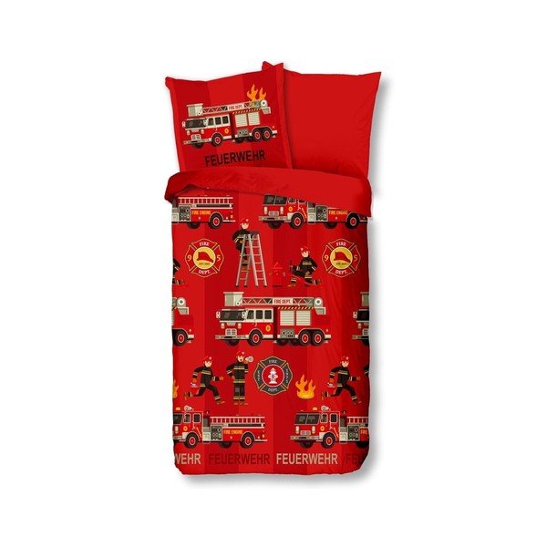 Bērnu sarkana kokvilnas gultasveļa Good Morning Fireman