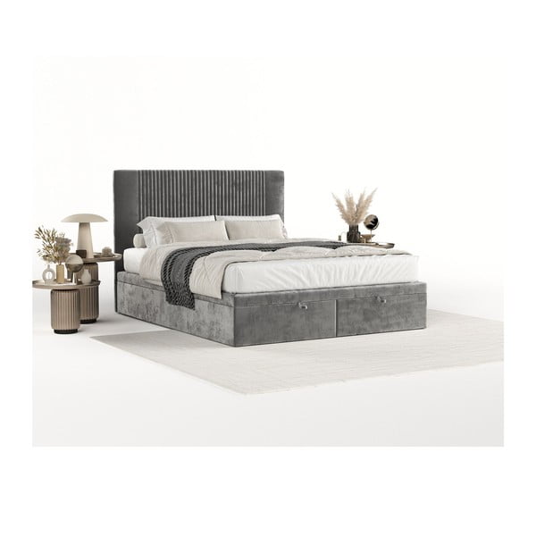 Pelēka polsterēta divvietīga gulta ar veļas kasti 180x200 cm Mavel – Maison de Rêve-image-1