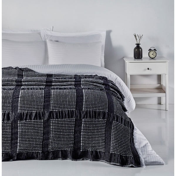 Melns kokvilnas gultas pārklājs divguļamai gultai 230x250 cm Waffle – Mijolnir
