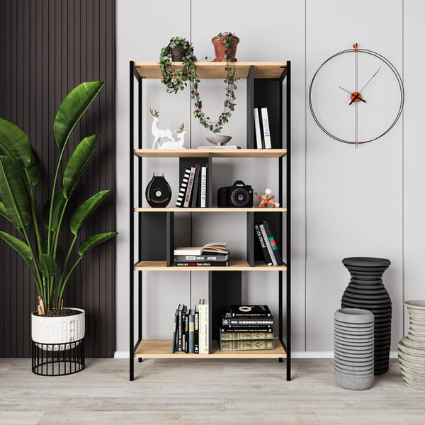 Melns/dabīga toņa grāmatplaukts ar ozolkoka imitāciju 88x175 cm Alabama – Marckeric-image-4