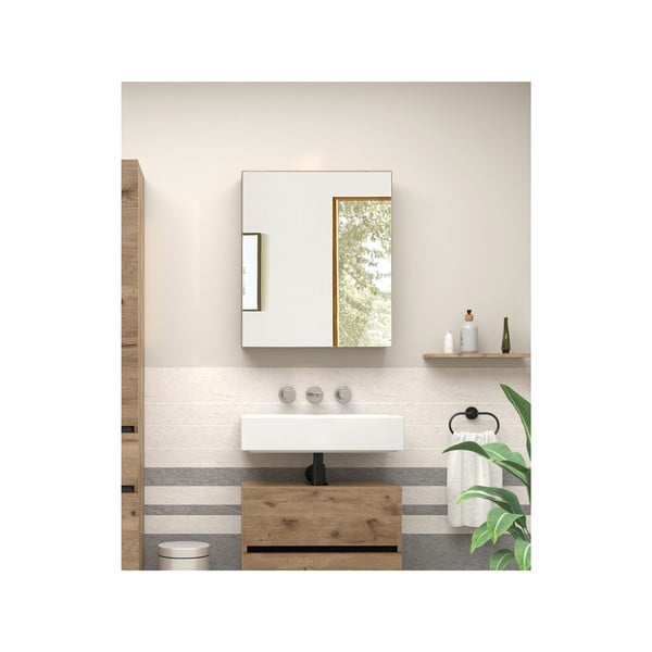 Dabīga toņa piekarams vannas istabas skapis ar spoguli un ozolkoka imitāciju 60x70 cm Wisla – Støraa-image-3