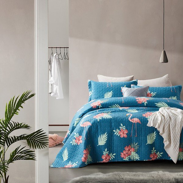Zils mikrošķiedras pārklājs ar divām spilvendrānām Sleeptime Flamingo, 250 x 260 cm