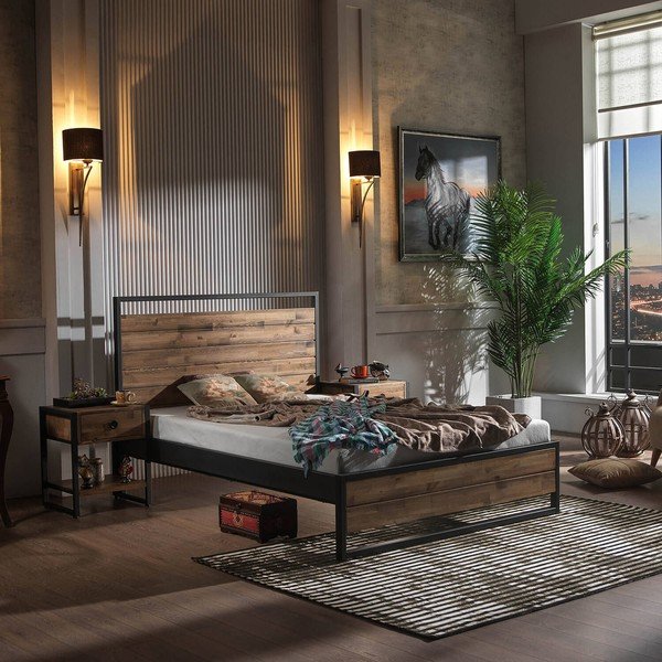 Melna/dabīga toņa divvietīga gulta ar režģi 140x200 cm Ariane – Kalune Design-image-1