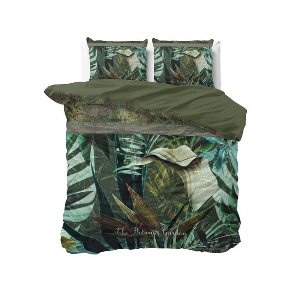 Zaļa kokvilnas divvietīga gultasveļa Pure Cotton Botanic Garden, 240 x 200/220 cm