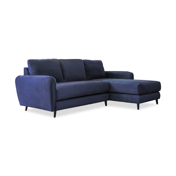 Tumši zils samta stūra dīvāns ar kāju soliņu Miuform Cozy Claire, labais stūris