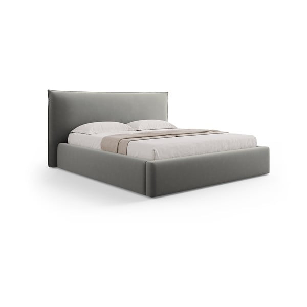 Pelēka polsterēta divvietīga gulta ar veļas kasti un redelēm 180x200 cm Elio – Milo Casa-image-4