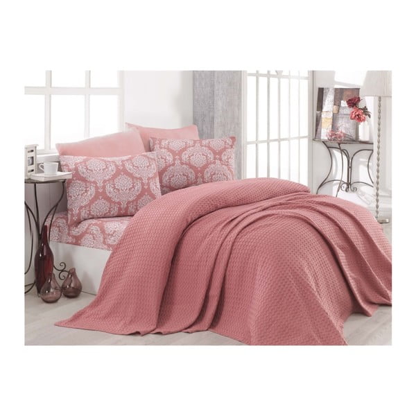 Rozā kokvilnas gultas pārklājs, palags un 2 spilvendrānas divguļamai gultai Turro Messo, 200 x 235 cm
