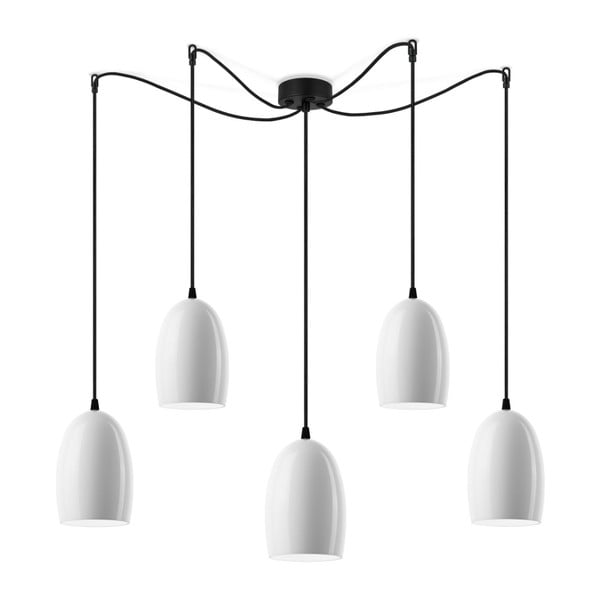 Balta spīdīga griestu lampa ar pieciem abažūriem un melnu kabeli Sotto Luce Ume