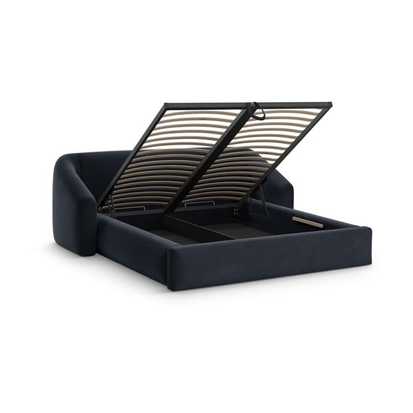 Tumši zila polsterēta divvietīga gulta ar veļas kasti ar redelēm 140x200 cm Campi – Cosmopolitan Design-image-1
