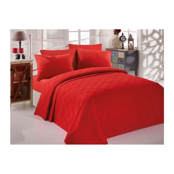 Sarkans kokvilnas pārklājs vienvietīgai gultai Pique Rojo, 160 x 235 cm