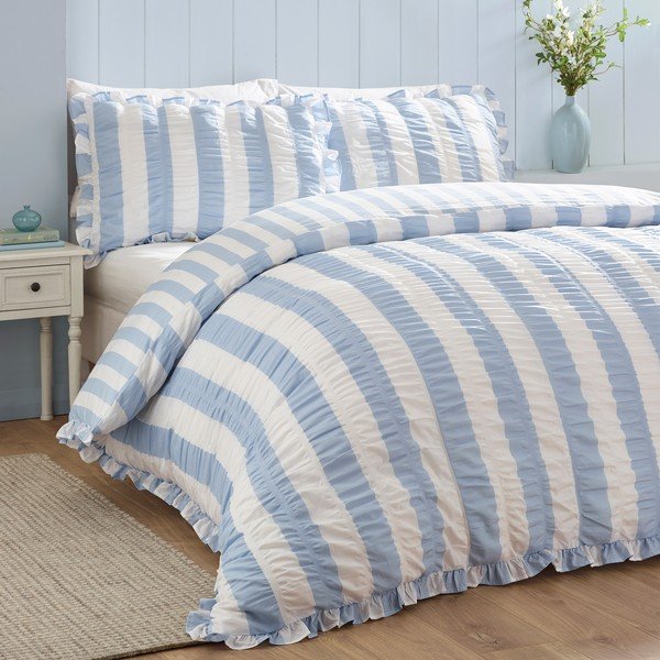 Zila divguļamā gultas veļa 200x200 cm Seersucker Frill Stripe – Catherine Lansfield-image-1