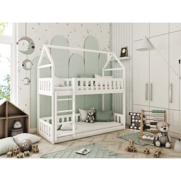 Balta divstāvu bērnu gulta no priedes koka ar jumtiņu 80x160 cm Pola – Lano Meble-image-1