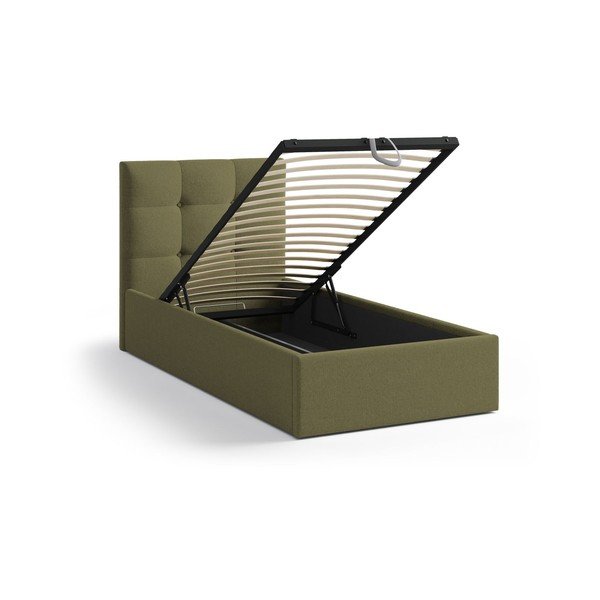 Zaļa polsterēta vienvietīga gulta ar veļas kasti un redelēm 90x200 cm Phaedra – Micadoni -image-1