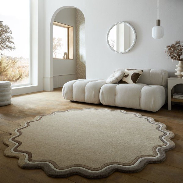 Dabīga toņa ar rokām darināts vilnas apaļš paklājs ø 180 cm Leo Scallop – Flair Rugs-image-1