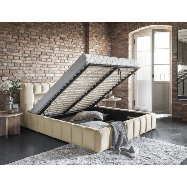 Bēša polsterēta divvietīga gulta ar veļas kasti un ar redelēm 160x200 cm Lamica – ELTAP-image-3