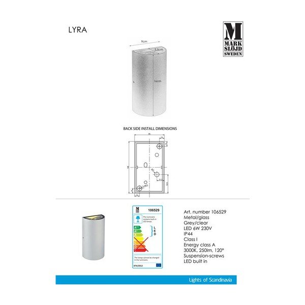 Pelēka sienas lampa Markslöjd Lyra-image-2