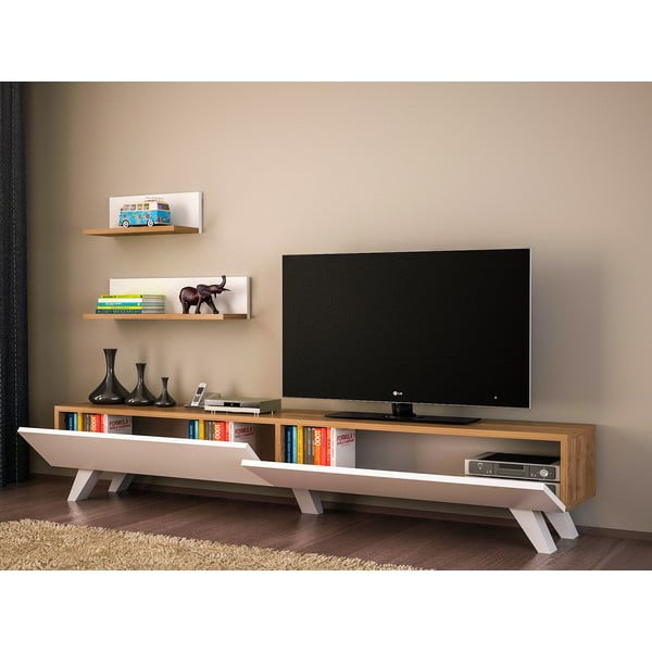 Balts/dabīga toņa TV plauktu komplekts ar riekstkoka imitāciju 60x14,5 cm Amerika – Kalune Design-image-3