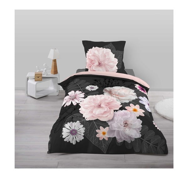 Melna/rozā vienguļamā kokvilnas gultas veļa 140x200 cm Floral – douceur d'intérieur