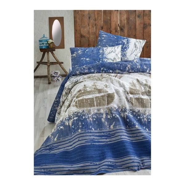 Tumši zils viegls gultas pārklājs Pusula, 200 x 235 cm