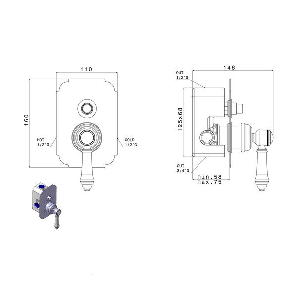 Bronzas krāsas iebūvēts jaucējkrāns dušai (ar 2 izvadiem) Vienna – Sapho-image-1
