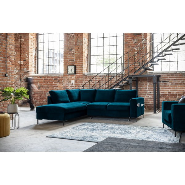 Tirkīzzils samta salokāms stūra dīvāns (ar kreiso stūri) Lofty Lilly – Miuform-image-1