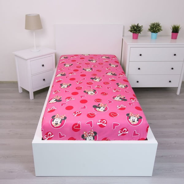 Rozā kokvilnas bērnu palags ar gumiju 90x200 cm Minnie "Hearts" – Jerry Fabrics-image-1