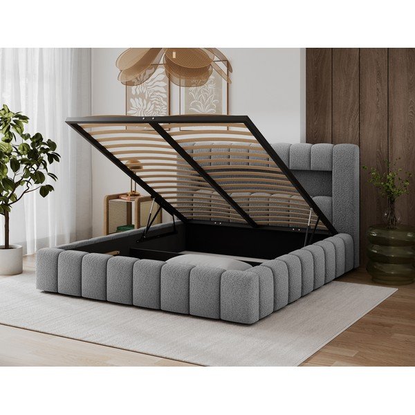 Pelēka polsterēta divvietīga gulta ar veļas kasti ar redelēm 160x200 cm Lamica – ELTAP-image-4