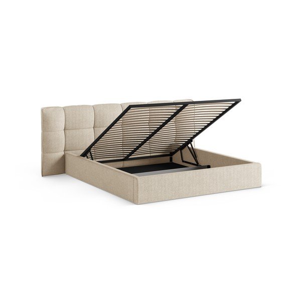 Bēša polsterēta divvietīga gulta ar veļas kasti un redelēm 140x200 cm Eric – Micadoni -image-2