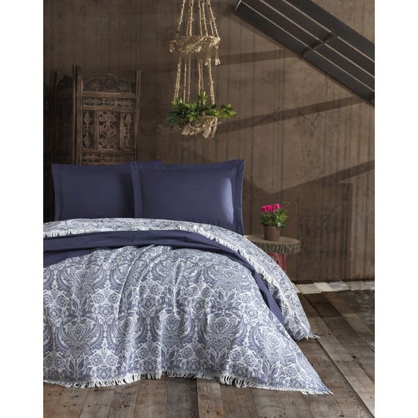 Tumši zils kokvilnas gultas pārklājs EnLora Home Nish, 240 x 260 cm