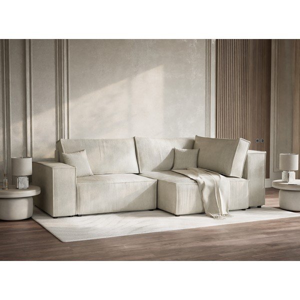 Krēmkrāsas velveta salokāms stūra dīvāns ar uzglabāšanas vietu (ar labo stūri/L veida) Tonga – Maison de Rêve-image-4