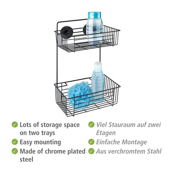 Melns divu līmeņu vannasistabas sienas plaukts Wenko Vacuum-Loc® Pavia-image-2