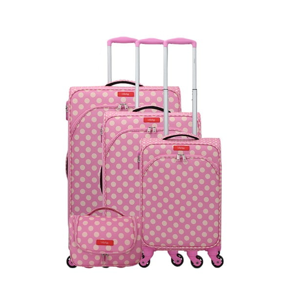 3 rozā bagāžas somu komplekts uz 4 riteņiem un kosmētikas futrālis Lollipops
