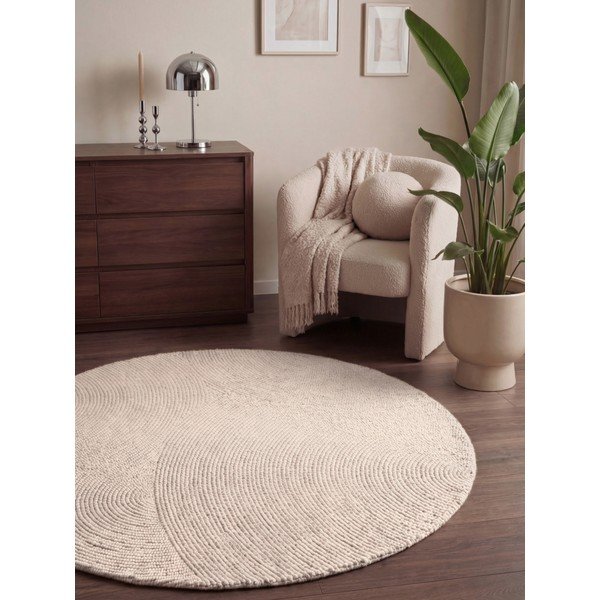 Gaiša dabīga toņa ar rokām darināts vilnas apaļš paklājs ø 150 cm Calmio – Hanse Home-image-1
