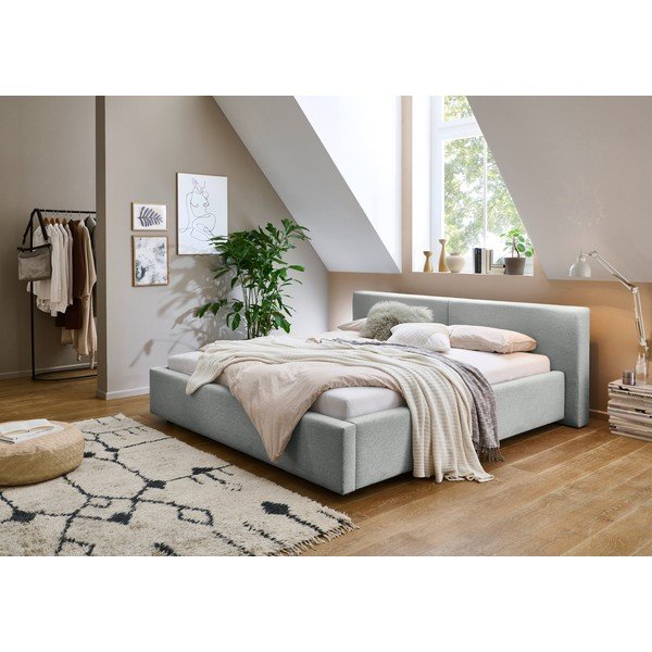 Pelēka polsterēta divvietīga gulta ar veļas kasti un redelēm 160x200 cm Cube – Meise Möbel-image-1