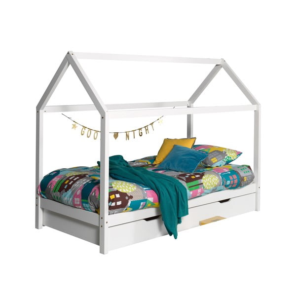 Balta priedes masīvkoka bērnu gulta mājas formā/izvelkama ar veļas kasti 90x200 cm DALLAS – Vipack